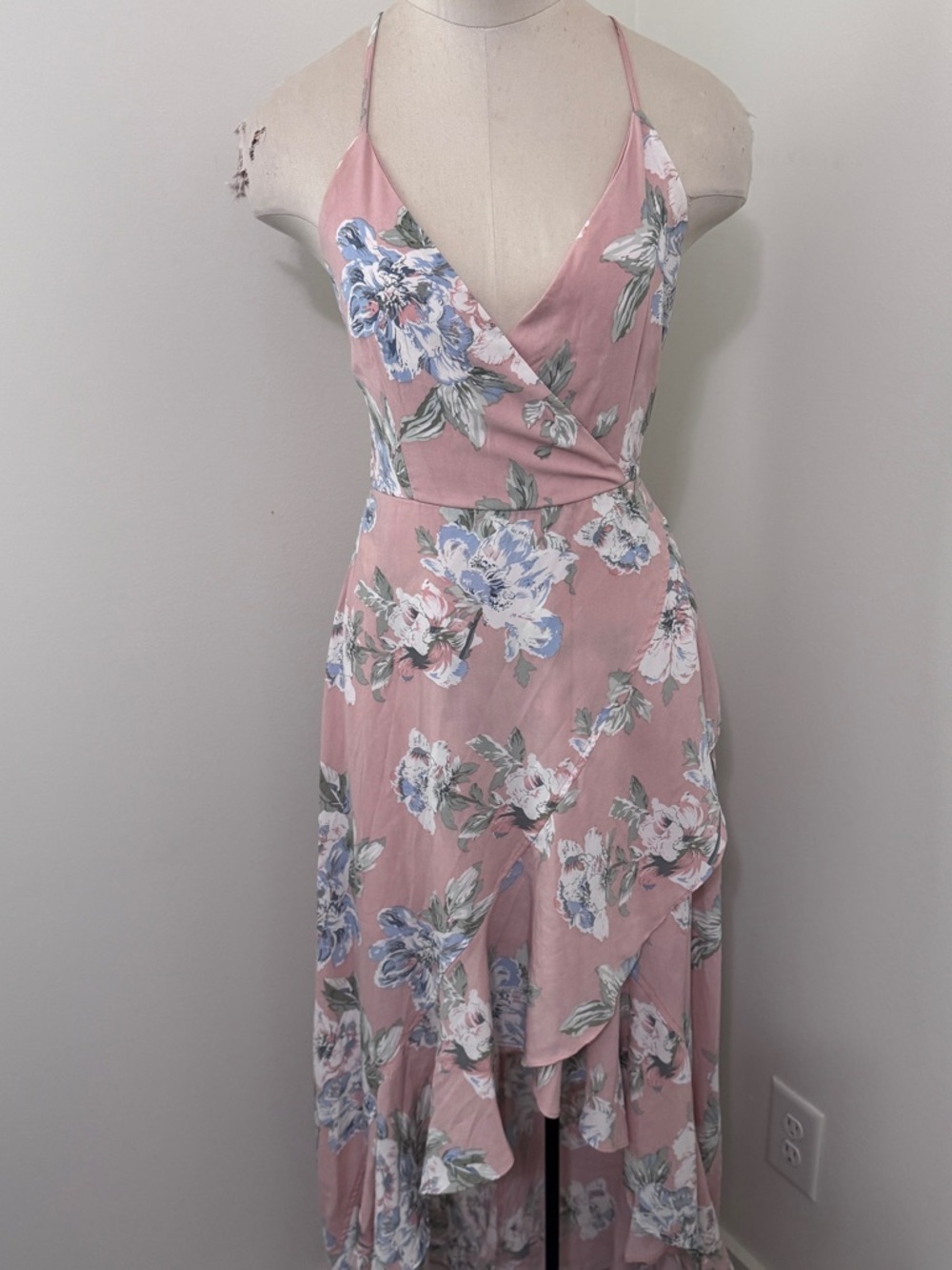 Strut & Bolt Small Pink Floral High Low Maxi Dress ~ Ruffle Hem Spaghetti Straps